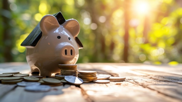 Whimsical Money Haven A Playful Piggy Bank Dwells Atop a Rustic Wooden Table Awaiting Its Treasure