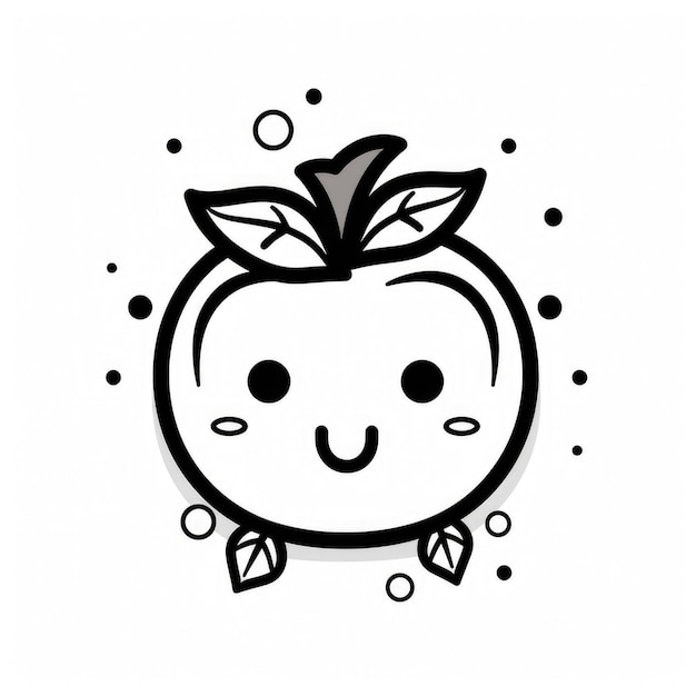 Whimsical Monochrome Illustration Charming Smiling Apple with Leafy Crown Surrounded by Tropical Fl