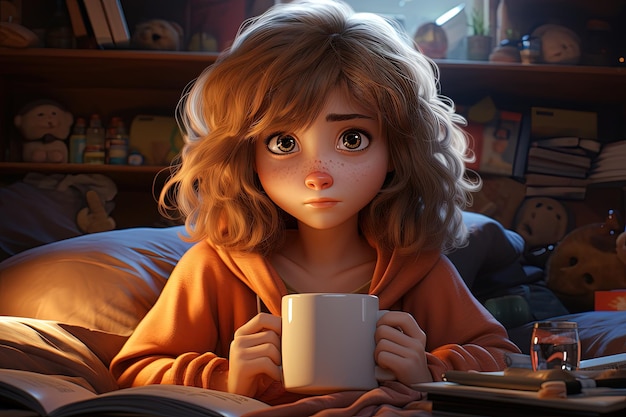 Причудливый утренний анимационный женский персонаж, наслаждающийся чашкой кофе, смешивающий шарм и жизненную силу творческого повествования и оживленных выражений
