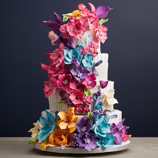 Whimsical multitiered wedding cake with intricate details and vibrant colors