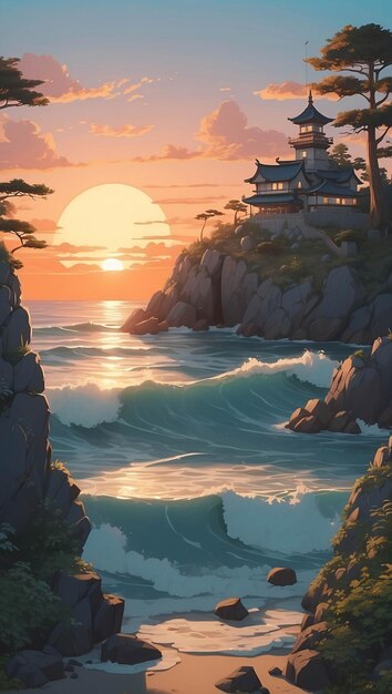 Whimsical Nature Illustration Sunset On The Sea And Forest Anime Style