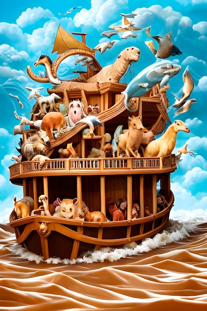 A whimsical noahs ark overflowing with animals and surrounded by a sea of rising floodwaters