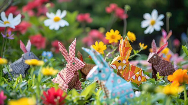 Foto capricciosi conigli origami che si divertono nel colorato prato primaverile