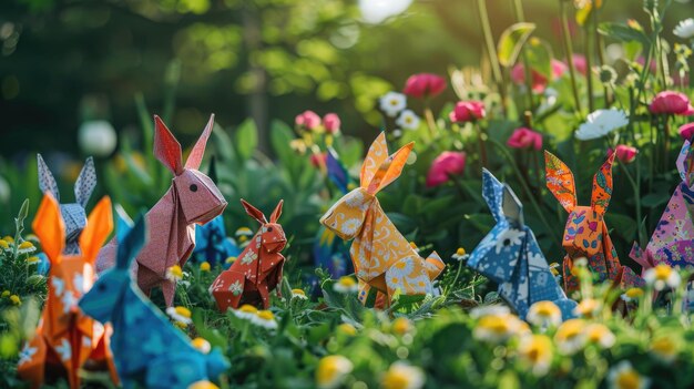 Whimsical Origami Bunnies Frolicking in Colorful Spring Meadow