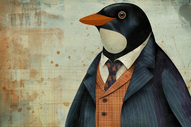 A whimsical painting depicting a penguin dressed in a formal suit