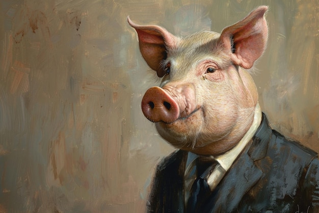 Photo a whimsical painting featuring a pig dressed in a sophisticated suit