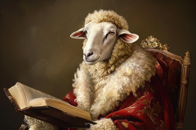 A whimsical painting featuring a sheep sitting comfortably in a chair engrossed in reading a book