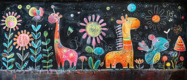 Photo a whimsical painting of giraffes flowers and other animals in a garden at night