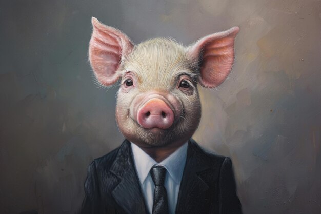 Photo a whimsical painting portrays a piglet dressed smartly in a standard suit