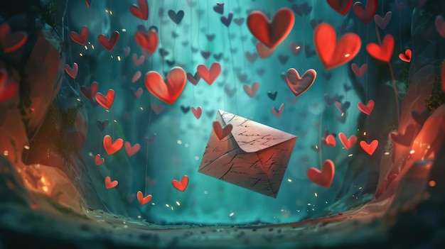 Whimsical Paper Craft Hearts and Love Letter Envelope in Dreamy MidAir Romantic Atmosphere