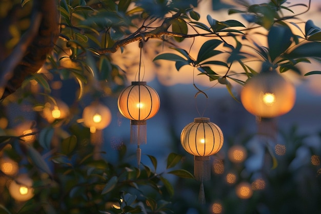 Whimsical paper lanterns glowing at dusk