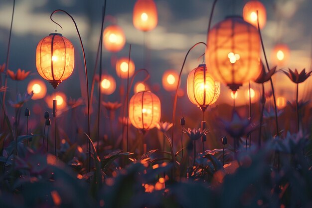 Whimsical paper lanterns glowing at dusk