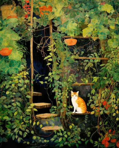 Whimsical Pathways A Glimpse of Japan's Enchanting Vinecovered Walls Adorned with Playful Cats