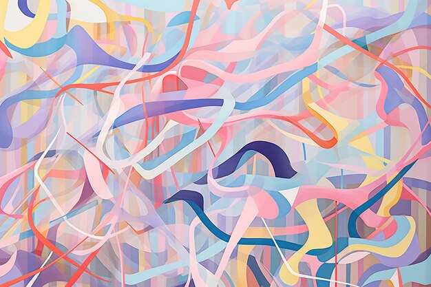 A whimsical pattern of dancing lines and shapes swirling and intertwining like playful ribbons against a serene backdrop of pastel hues