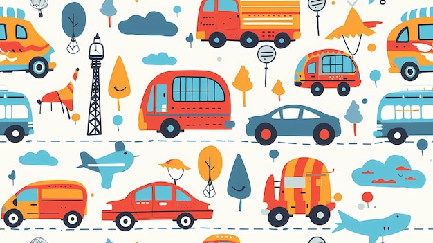 Photo a whimsical pattern of transportation and city life elements