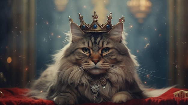 A whimsical picture of a cat wearing a crown emphasizing the regal and mysterious aura that cats po