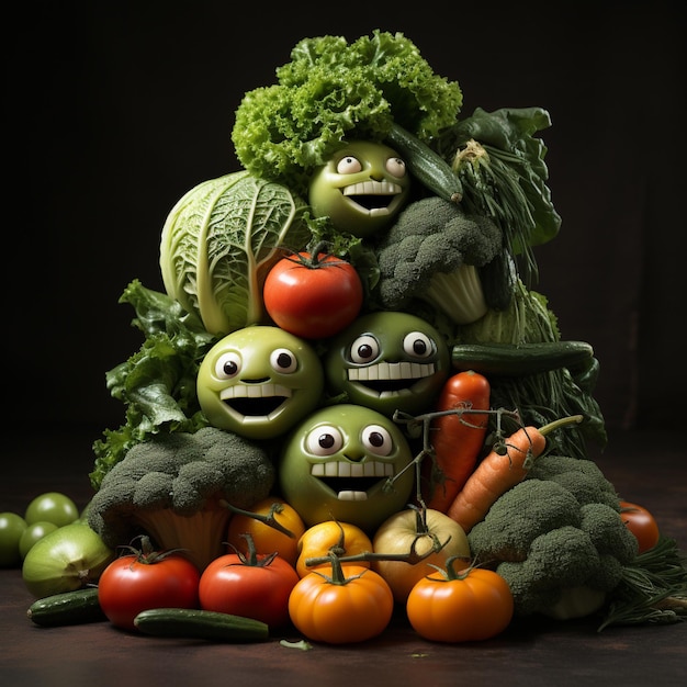 Whimsical pile of vegetables Majestic tower of happy vegetable faces