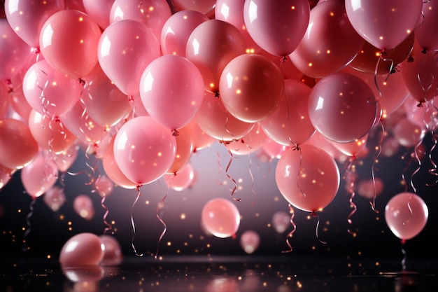 Whimsical pink balloon pattern decorates a lively party under twinkling stars