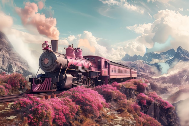 whimsical pink steam train in the mountains