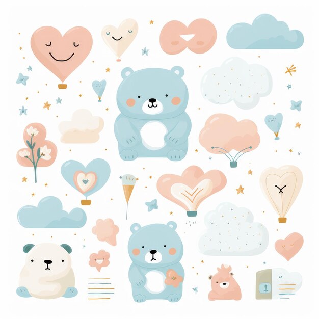 Whimsical Planner Delights A Collection of Adorable Vector Illustrations featuring Bears Clouds H