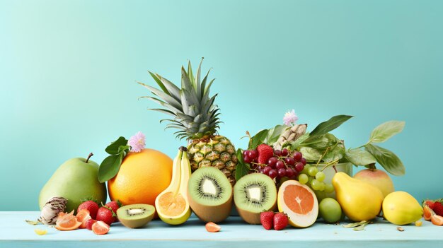 A whimsical and playful presentation featuring an array of mixed tropical fruits