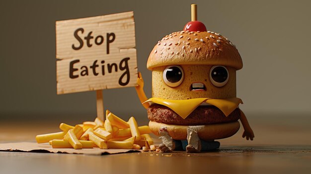 Photo whimsical plea cartoon characters fast food holding a sign stop eating us a playful take on the concept of proper nutrition and the pursuit of a healthier lifestyle