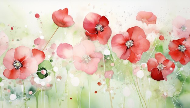 Foto whimsical poppies dance watercolor flower symphony in rood en wit generatieve ai