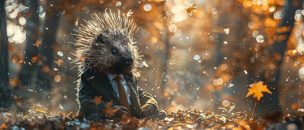 Photo whimsical porcupine in a suit its quills representing the spikes and falls of the stock market