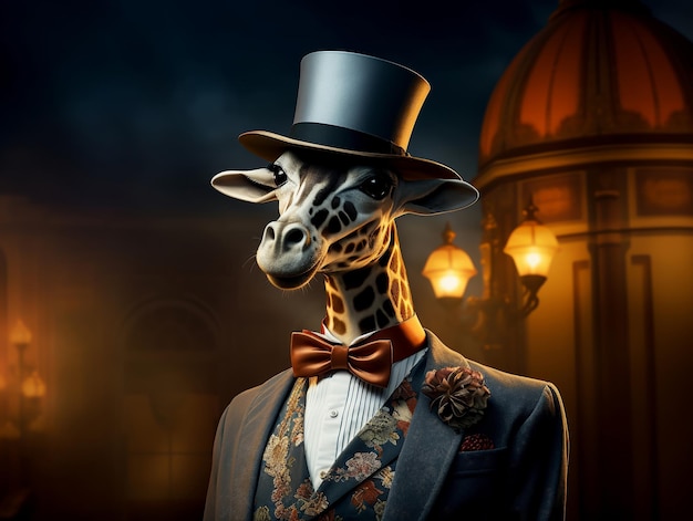 A whimsical portrayal of a giraffe dressed in a sophisticated suit top hat and bow tie set agains