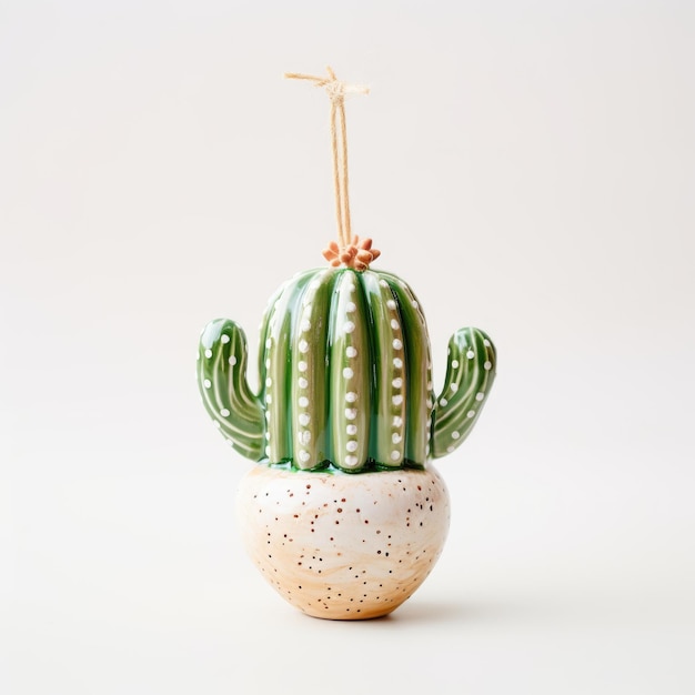 Whimsical Pottery Cactus Ornament Adorning Your Space with Elegance on a White Background