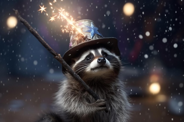 A whimsical raccoon wearing a wizard hat wielding a wand that sprays sparks of magic AI generated