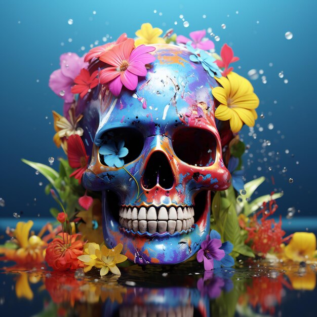 Whimsical rainbow skull cinematic 3d art
