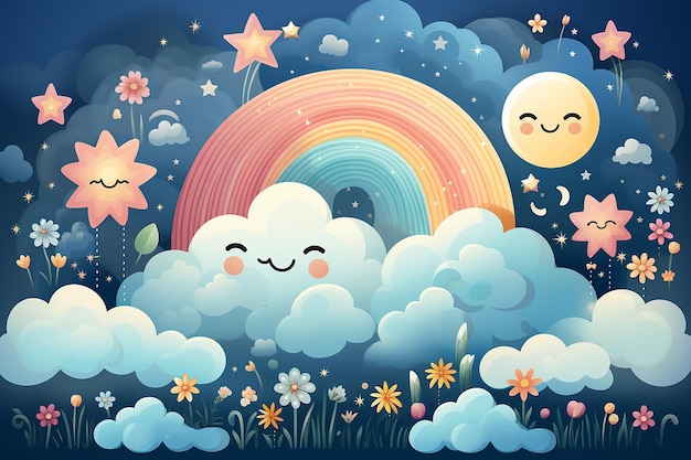a whimsical rainbow with smiling clouds colorful AI generated