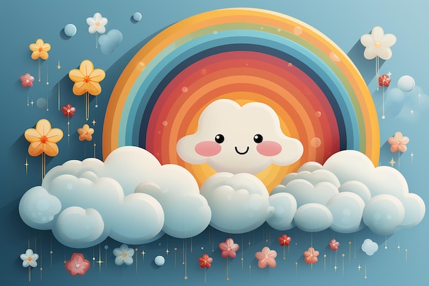 a whimsical rainbow with smiling clouds colorful AI generated