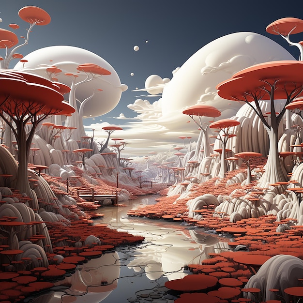 Whimsical Red and White Landscape in 8K