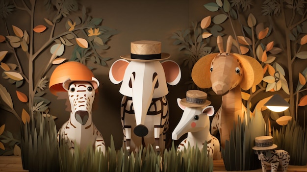 Gli stravaganti animali dei cartoni animati di safari adventure con cappelli oversize danno vita all'immaginazione
