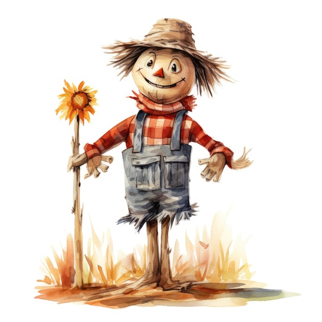 The Whimsical Scarecrow A Charming Watercolor Cartoon Illustration