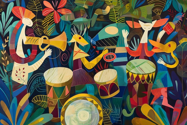 Whimsical scene of abstract animal shapes playing instruments like bongos and tambourines set against a backdrop of tropical flora and fauna depicting the lively spirit of samba