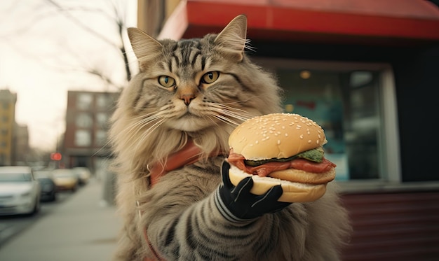 Whimsical scene of a cat in delightfully nibbling on a juicy hamburger Created with generative AI tools