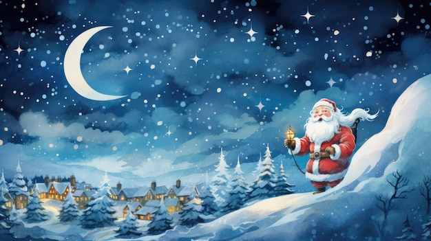 a whimsical scene with Santa Claus and his reindeer soaring across the starry night sky