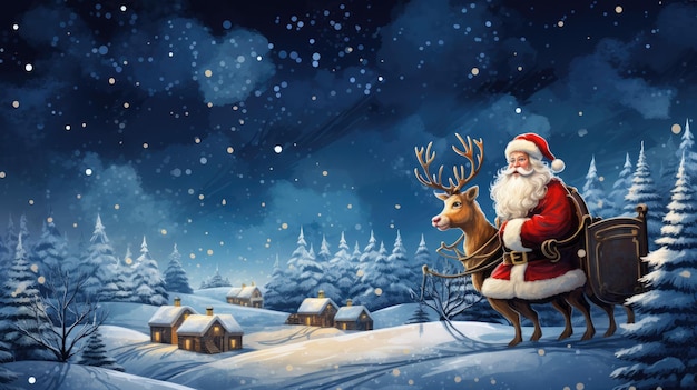 a whimsical scene with Santa Claus and his reindeer soaring across the starry night sky