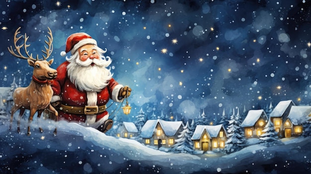 причудливая сцена с Санта-Клаусом и его оленями, парящими по звездному ночному небу