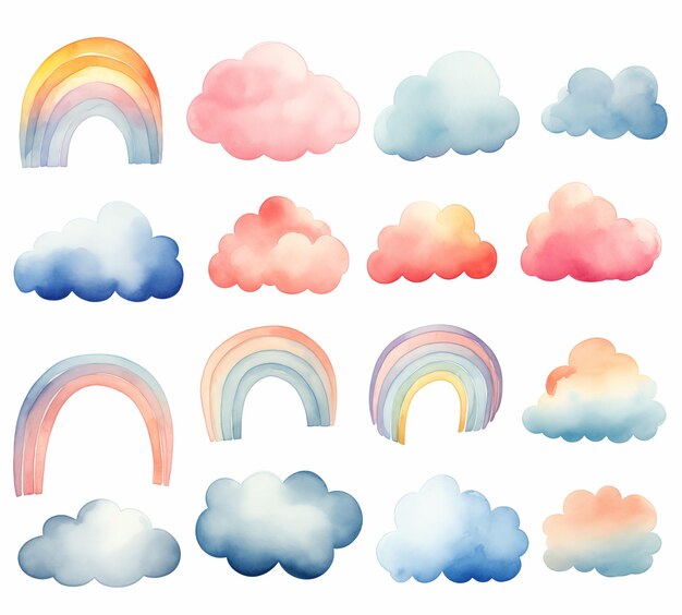 Whimsical set of pastel watercolor rainbows and clouds perfect for dreamy designs nursery art and creative stationery themes