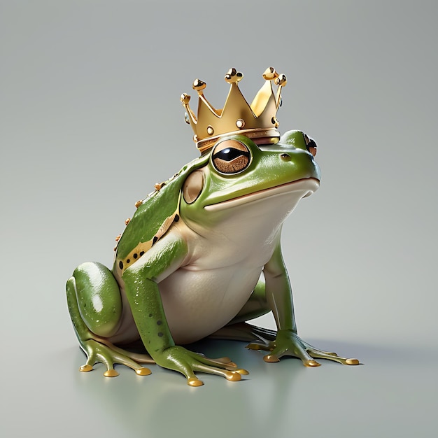 Photo whimsical side view green frog with golden crown enchanting picture book illustration