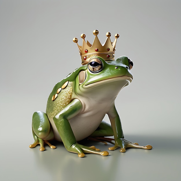 Photo whimsical side view green frog with golden crown enchanting picture book illustration