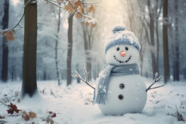 Whimsical Snowman winter forest art Generate Ai