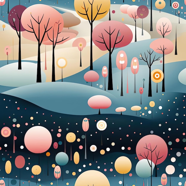Whimsical snowy forest in abstract pattern with colorful trees and balls tiled