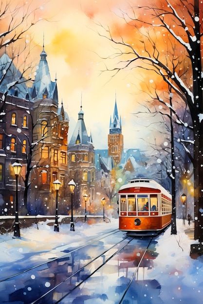 Whimsical snowy landscapes of Canadian cities captured in vibrant watercolors