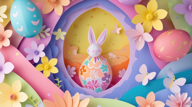 A whimsical spring landscape with eggs flowers and a bunny aige