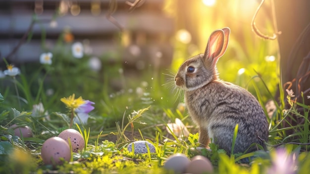 Whimsical Spring Scene Bunny and Easter Eggs